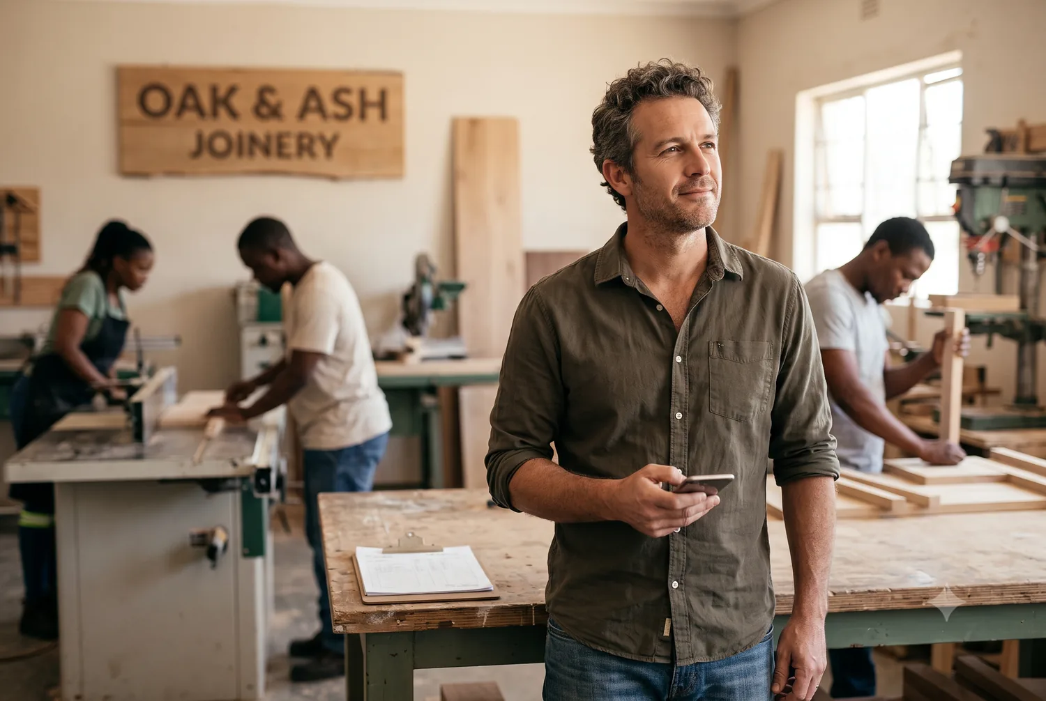 South African business owner standing calmly in his workplace, phone in hand, while his business runs