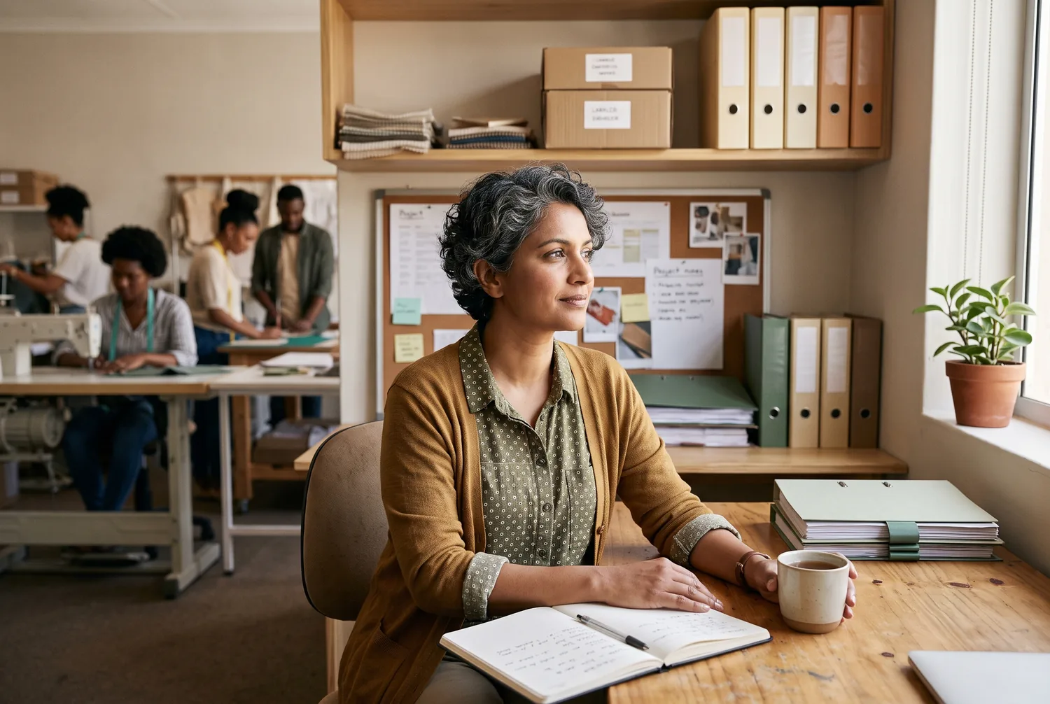 South African business owner in her workplace with a calm, in-control expression, the repetitive work handled