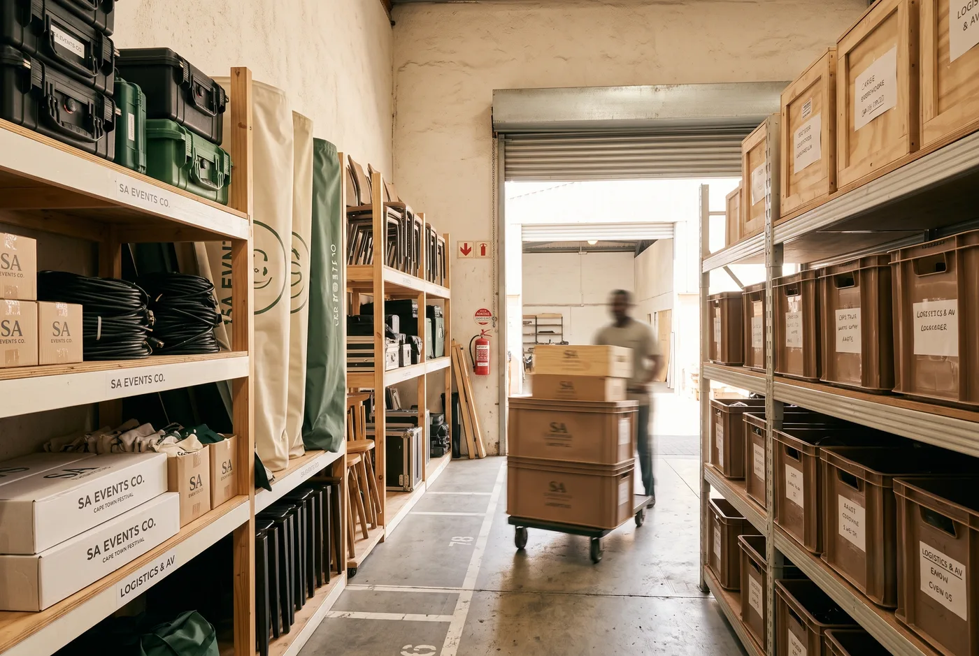 Organised events and logistics warehouse with neatly labelled equipment and stock
