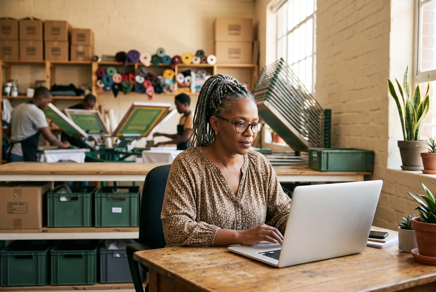 South African business owner working on her laptop in her workshop with her team working behind her
